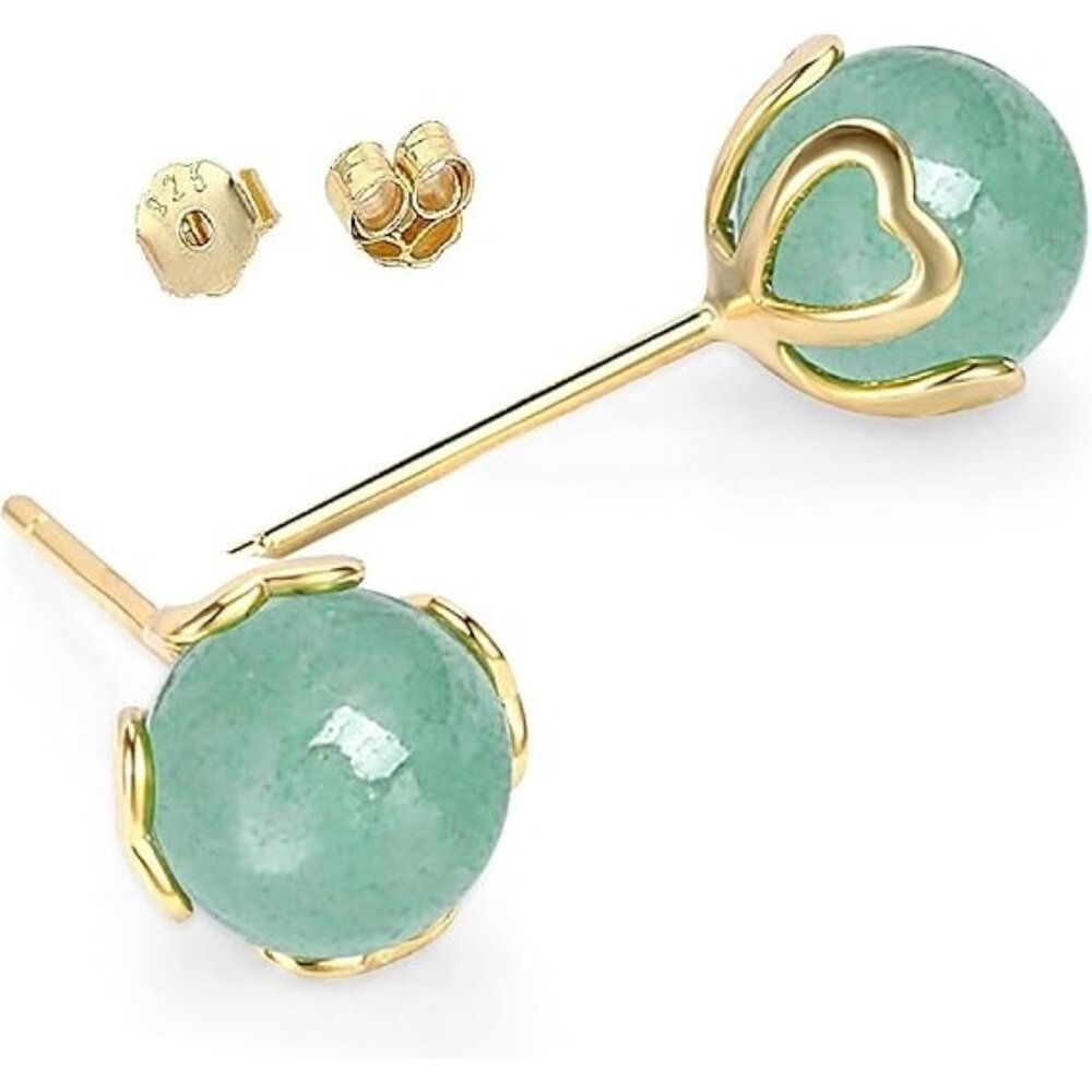 Heart Gold Green Jade Sterling Silver Stud Earrings